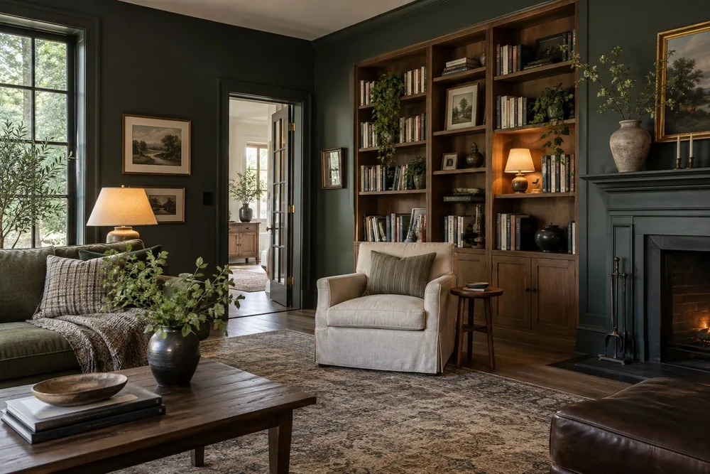 Library with deep charcoal-green walls, books and warm wood